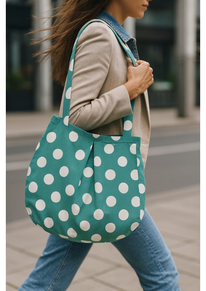 Su Yeşili Çok Amaçlı Premium Oversize Puantiyeli Orta Boy Kanvas Kadın El ve Omuz Çantası fiyatları