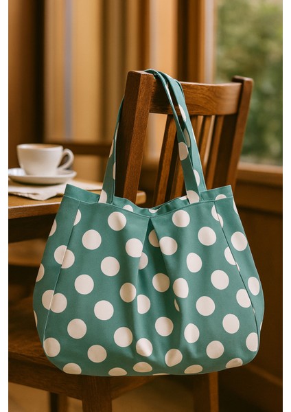 Su Yeşili Çok Amaçlı Premium Oversize Puantiyeli Orta Boy Kanvas Kadın El ve Omuz Çantası modelleri