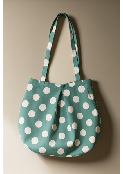 Su Yeşili Çok Amaçlı Premium Oversize Puantiyeli Orta Boy Kanvas Kadın El ve Omuz Çantası fırsatları
