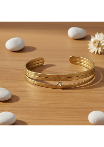 El Yapımı Saf Pirinç Üç Katlı Tek Taş Kelepçe Bileklik indirimleri