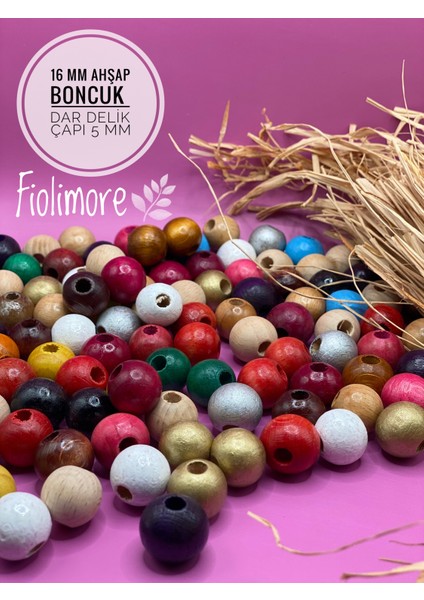 16 mm Karışık Renkli Ahşap Boncuk (50 Gram 35 Adet) Dar Delik Çapı 5 mm Yuvarlak Makrome Tahta