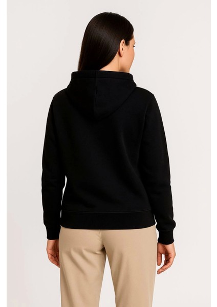 Üç Iplik Kapüşonlu Tam Fermuarlı Kanguru Çepli Sweatshirt Hoodie - Siyah fırsatları