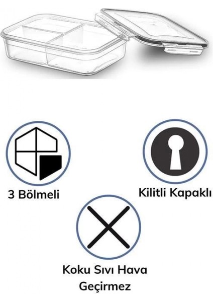 3 Bölmeli Kilitli Kapaklı 1 Litre Erzak Saklama Kabı LC-510