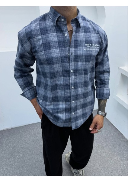 Erkek Lacivert Oversize Kışlık Ekose Gömlek Flanel Kumaş