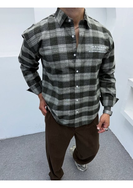 Erkek Haki Oversize Kışlık Ekose Gömlek Flanel Kumaş fırsatları