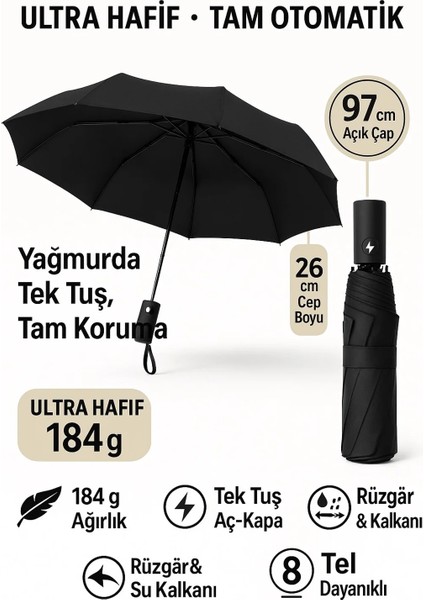 Unisex Siyah Tam Otomatik Şemsiye – 8 Telli, Rüzgarda Kırılmayan, Dayanıklı, Kılıflı Kompakt Şemsiye