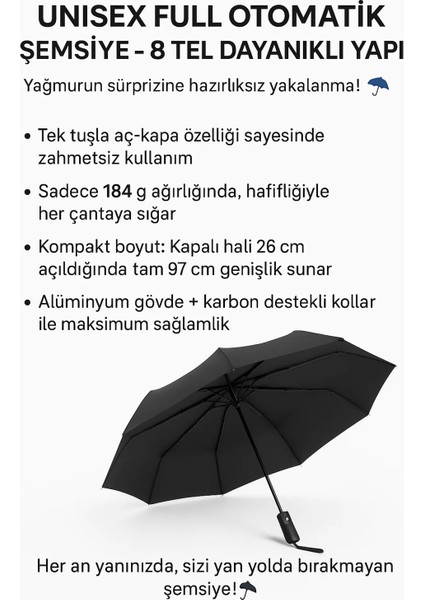 Unisex Siyah Tam Otomatik Şemsiye – 8 Telli, Rüzgarda Kırılmayan, Dayanıklı, Kılıflı Kompakt Şemsiye fiyatları