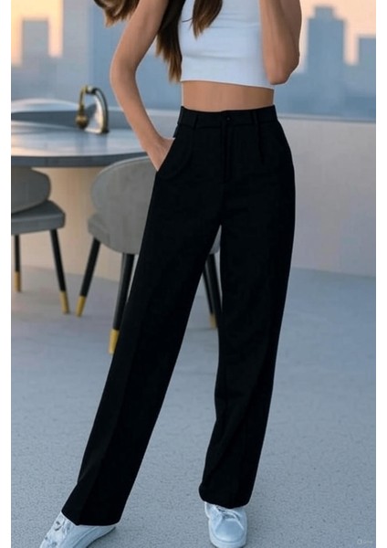 Kadın Siyah Palazzo Kumaş Pantolon-Yeni Sezon Yüksek Bel modelleri