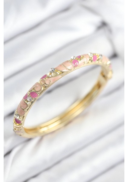 Mineli Pirinç Zirkon Taşlı Pembe Çiçek Motifli Gold Kadın Kelepçe - TJ-BB7817