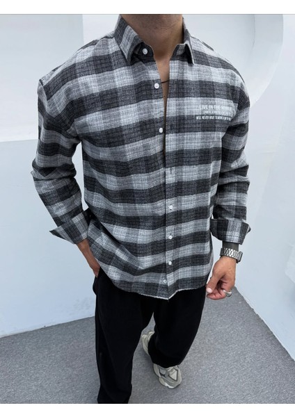 Erkek Siyah Oversize Kışlık Ekose Gömlek Flanel Kumaş