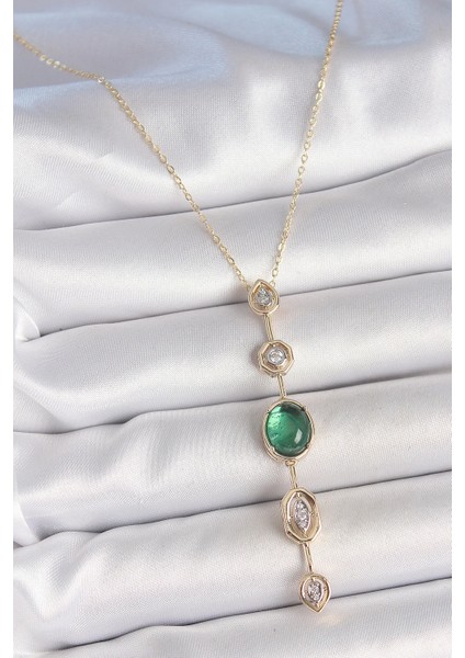 Pirinç Zincir Zümrüt Yeşil Gold Renk Zirkon Taşlı Y Kolye - TJ-BKO10229