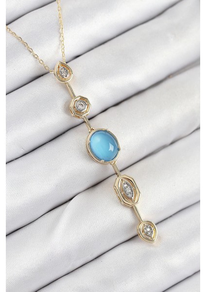 Pirinç Zincir Mavi Gold Renk Zirkon Taşlı Y Kolye - TJ-BKO10558
