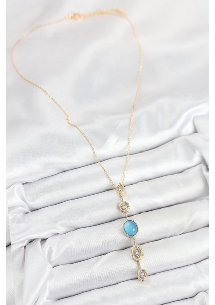 Pirinç Zincir Mavi Gold Renk Zirkon Taşlı Y Kolye - TJ-BKO10558 fiyatları