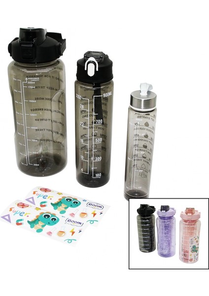 3 Boy Yavrulu Şeffaf Pipetli Renkli Suluk Matara (4887)