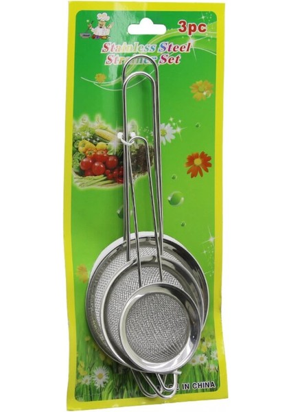 3pcs Set Mini= 5-7-8cm Tel Süzgeç Metal Çerçece Metal Sap=8.5-10.5-10.5cm (4887)
