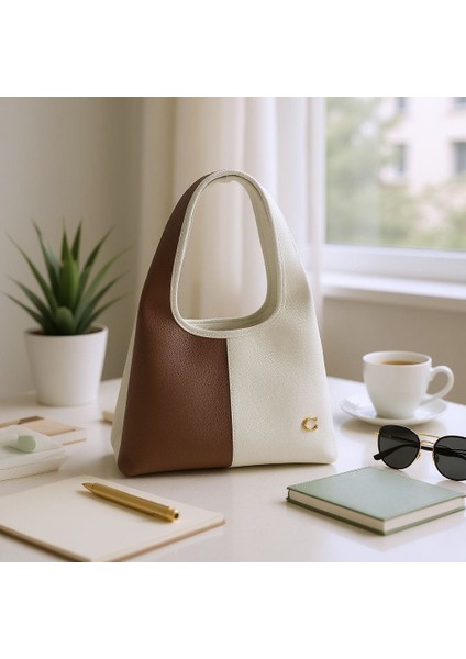 Kahverengi-Beyaz Çift Renk, Spor Görünümlü Şık ve Zarif Omuz Çantası