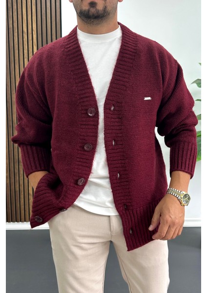 Erkek Düğmeli Rahat Kesim Hırka Bordo EDW416