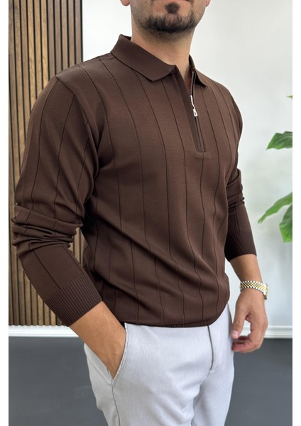 Erkek Yarım Fermuarlı Polo Yaka Mevsimlik Kazak Kahverengi EDW195 fiyatları