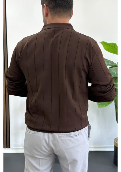 Erkek Yarım Fermuarlı Polo Yaka Mevsimlik Kazak Kahverengi EDW195 modelleri