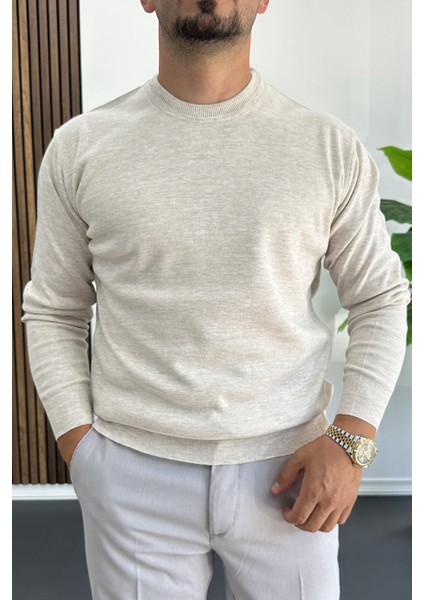 Erkek Bisiklet Yaka Normal Kalıp Kazak Krem EDW410