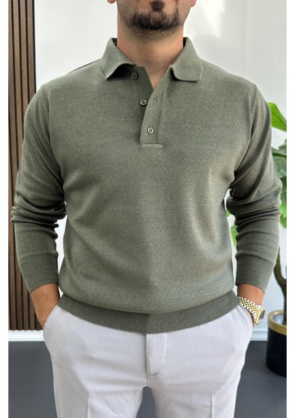 Erkek Düğmeli Polo Yaka Kazak Yeşil EDW231