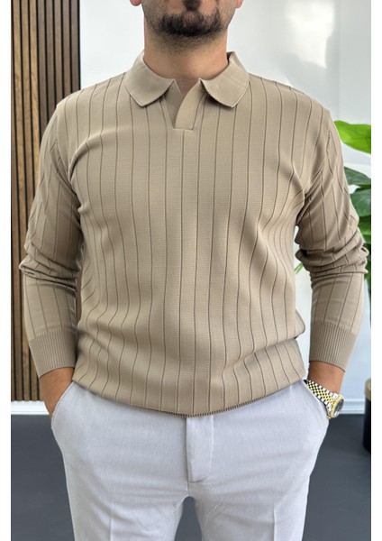 Erkek Açık Yaka Normal Kalıp Kazak Vizon EDW412