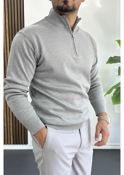 Erkek Yarım Fermuarlı Normal Kalıp Kazak Gri EDW411