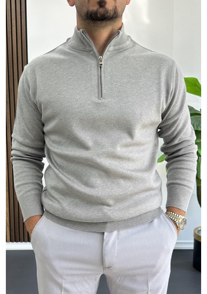 Erkek Yarım Fermuarlı Normal Kalıp Kazak Gri EDW411 fiyatları