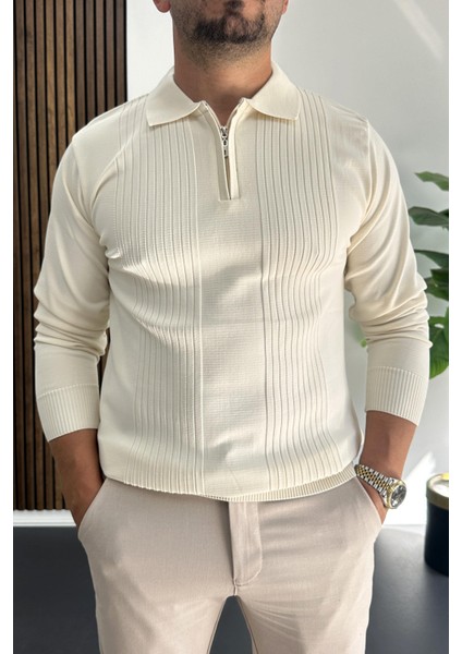 Erkek Çizgi Desenli Normal Kalıp Kazak Krem EDW422