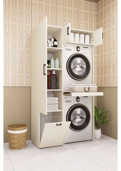 Mdf Çamaşır Makinesi ve Kurutma Makinesi Dolabı Kirli Sepetli Aytaşı
