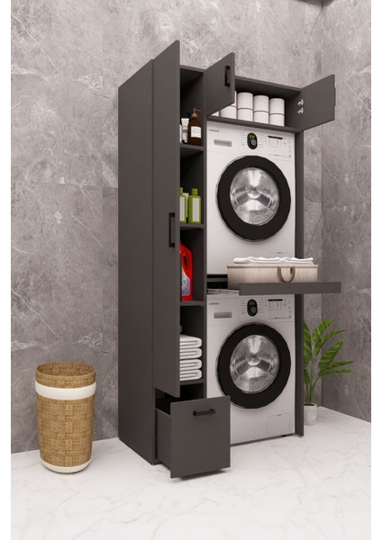 Mdf Çamaşır Makinesi ve Kurutma Makinesi Dolabı Çekmeceli Antrasit