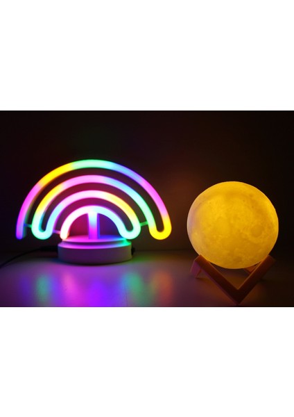 Sevimli Renkli Neon Gökkuşağı ve 3D Küre, Pil Kablo'lu Gece Lambası Çocuk Oda Parti Dekorasyon