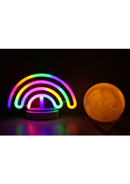 Sevimli Renkli Neon Gökkuşağı ve 3D Küre, Pil Kablo'lu Gece Lambası Çocuk Oda Parti Dekorasyon