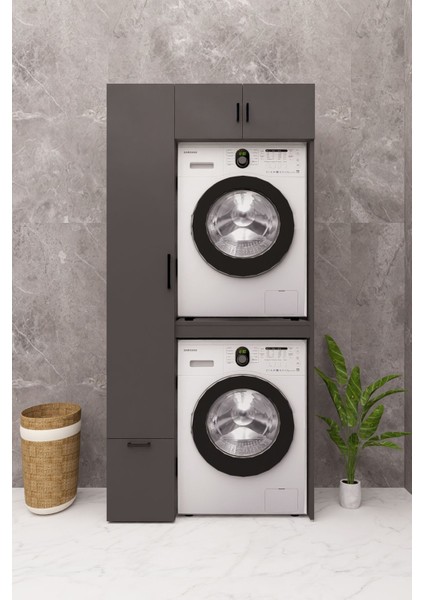 Mdf Çamaşır Makinesi ve Kurutma Makinesi Dolabı Çekmeceli Antrasit modelleri