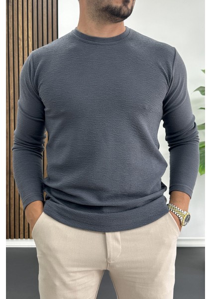 Erkek Oval Kesim Bisiklet Yaka Mevsimlik Sweatshirt Füme EDW421