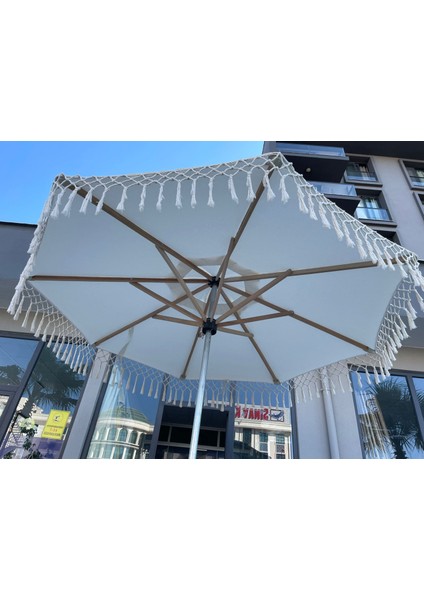 3 M2 Ahşap Bahçe, Havuz, Veranda ve Plaj Şemsiyesi Makrome Saçaklı Şemsiye (Ayak Hariç)