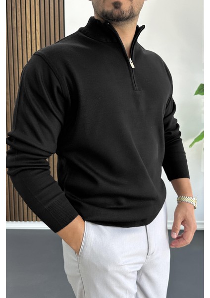 Erkek Yarım Fermuarlı Normal Kalıp Kazak Siyah EDW411