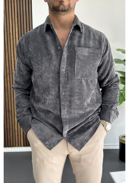 Erkek Kadife Kumaş Gömlek Füme EDW415