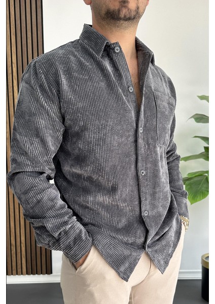 Erkek Kadife Kumaş Gömlek Füme EDW415 fiyatları
