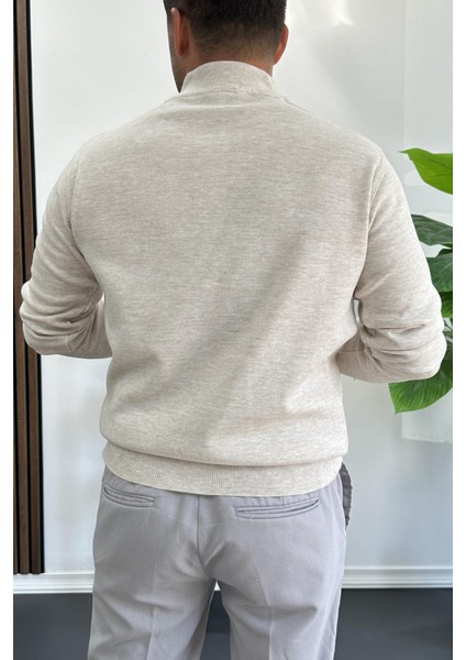 Erkek Yarım Fermuarlı Normal Kalıp Kazak Krem EDW411 fiyatları