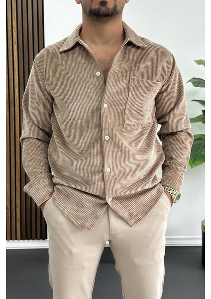 Erkek Kadife Kumaş Gömlek Açık Kahverengi EDW415