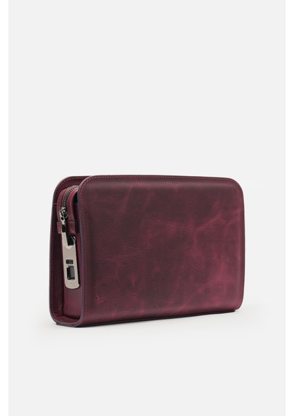 Mafı Imza %100 Hakiki Bordo Deri Biyometrik El Çantası (Parmak Izi Kilitli)