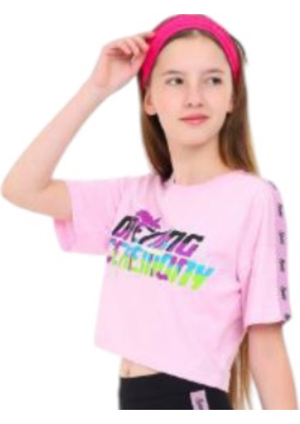 Kız Çocuk Opening Yazılı Crop Model Pembe Tişört