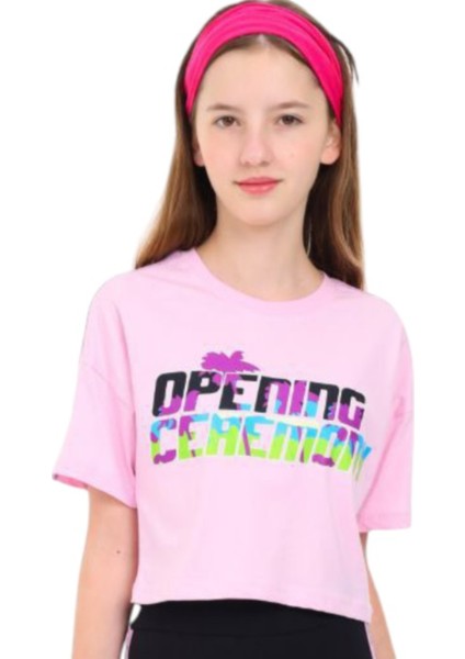 Kız Çocuk Opening Yazılı Crop Model Pembe Tişört modelleri