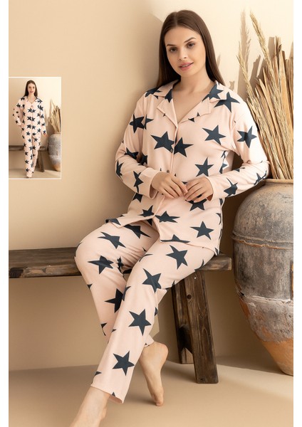 Kadın Pembe Süet Gömlek Yaka Yumuşak Uzun Kol Desenli Kışlık Pijama Takım 1D-2351