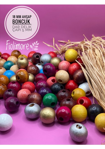 18 mm Karışık Renkli Ahşap Boncuk (50 Gram 25 Adet) Dar Delik Çapı 5 mm Yuvarlak Makrome Tahta