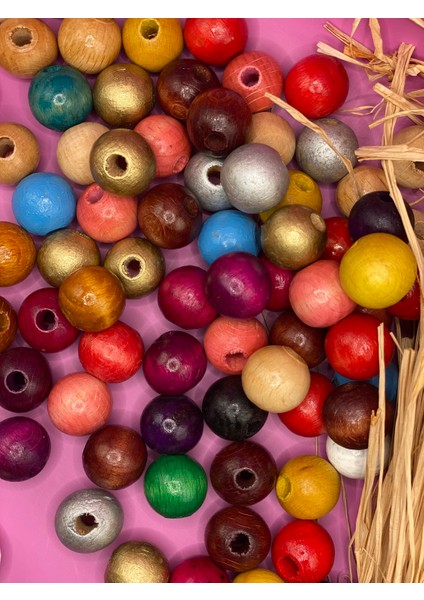 18 mm Karışık Renkli Ahşap Boncuk (50 Gram 25 Adet) Dar Delik Çapı 5 mm Yuvarlak Makrome Tahta modelleri