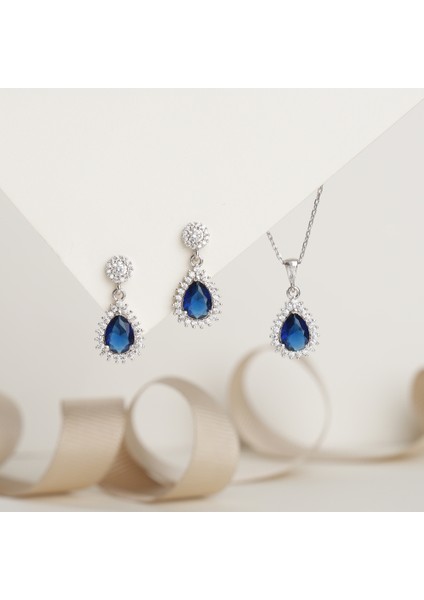 925 Ayar Rodyum Kaplama Damla Safir Taşlı Gümüş Set