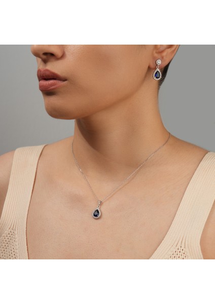 925 Ayar Rodyum Kaplama Damla Safir Taşlı Gümüş Set fiyatları