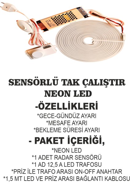 Neon LED Mutfak Dolabı 360 Derece Hareket Algılama Sensörlü Gecegündüz Ayarlı Neon LED modelleri